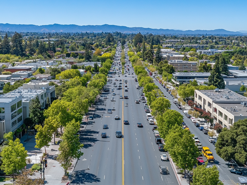 Aerial view of downtown Walnut Creek with trail corridors