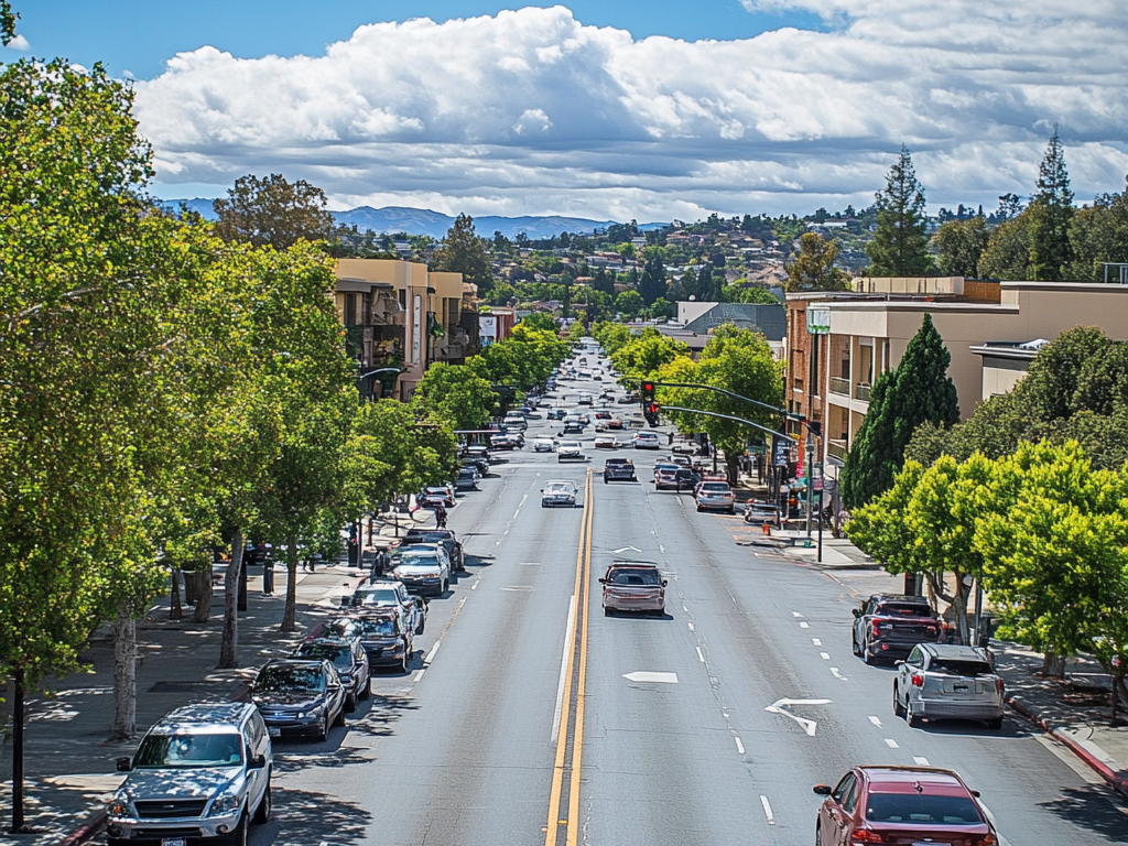 Aerial view of downtown Walnut Creek showing the grid of streets and parking garage locations