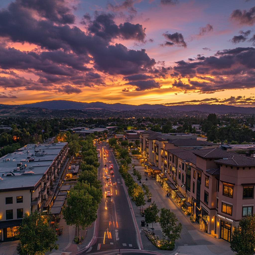 Aerial view of downtown Walnut Creek with BART station visible