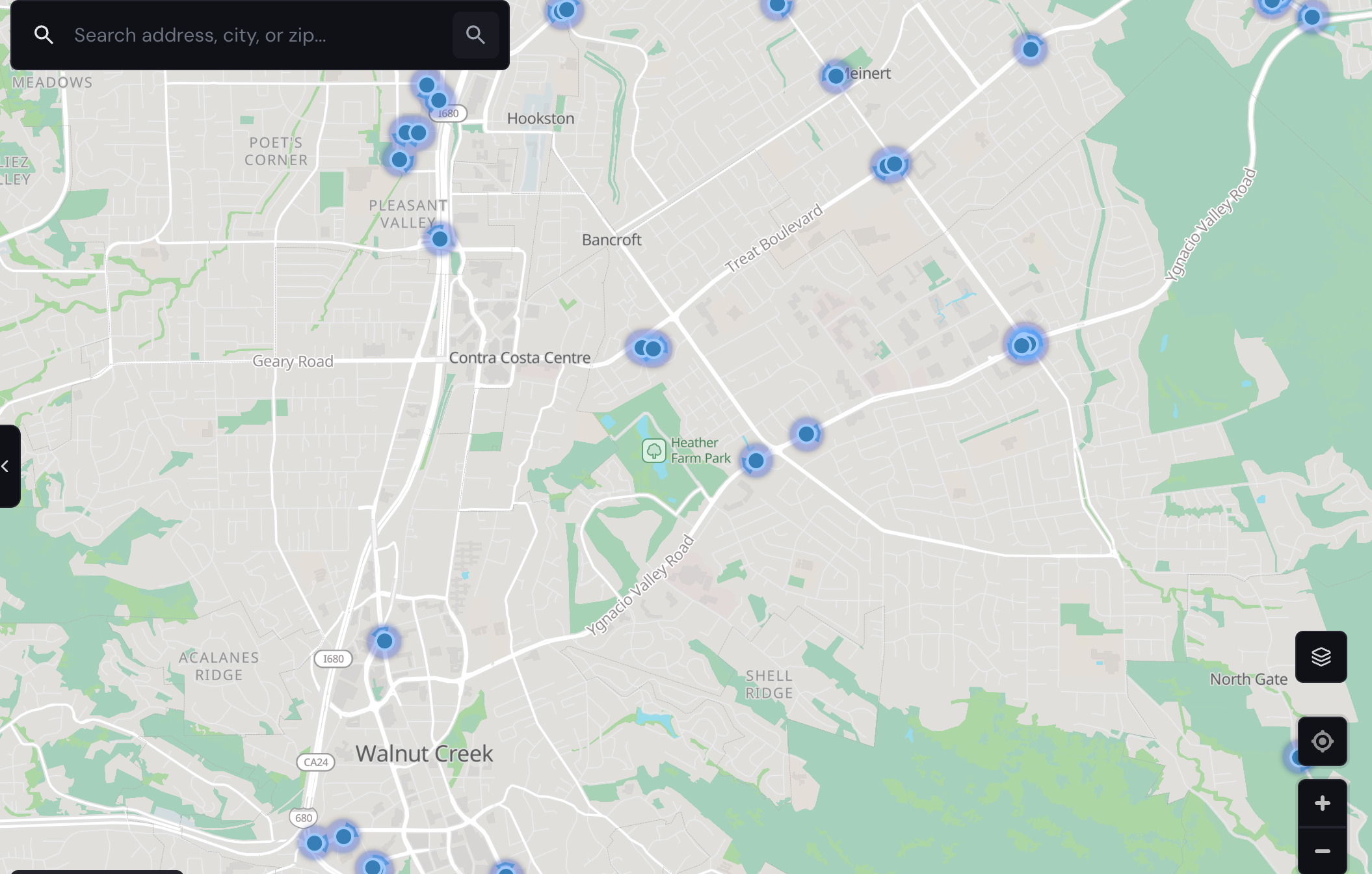Interactive map from DeFlock showing Automated License Plate Reader camera locations in Walnut Creek