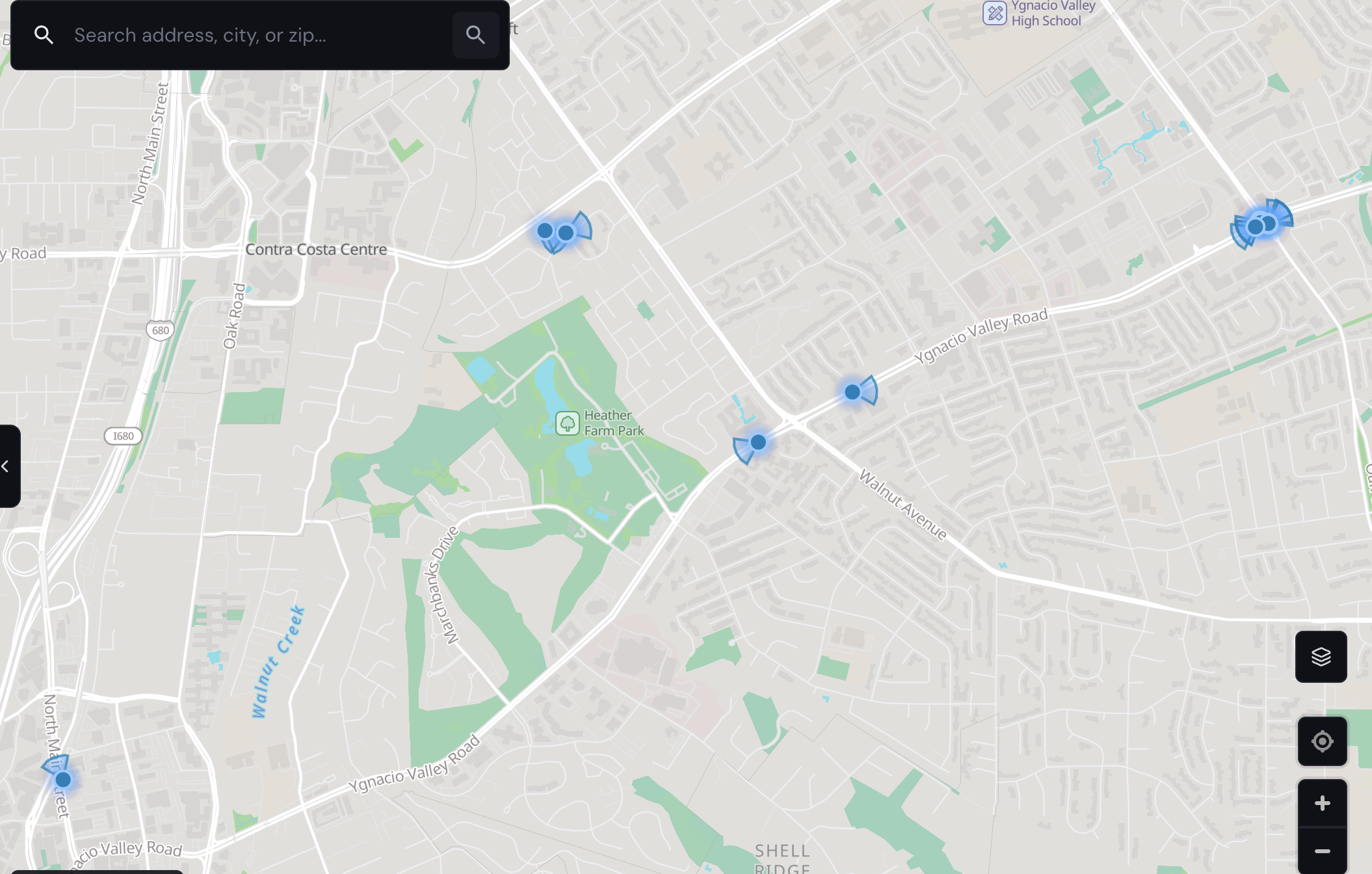 Map showing FLOCK ALPR camera locations in Walnut Creek and surrounding Contra Costa County