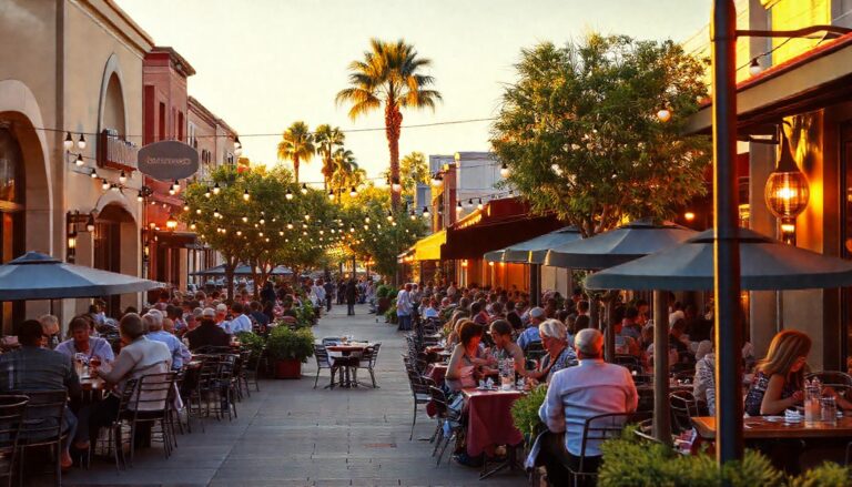 Outdoor restaurant patio dining in downtown Walnut Creek California at golden hour