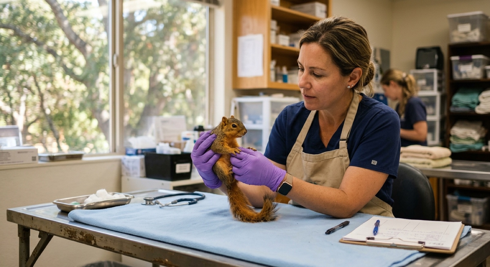 An Eastern fox squirrel in care at Lindsay Wildlife Experience in Walnut Creek, with a wildlife hospital volunteer nearby