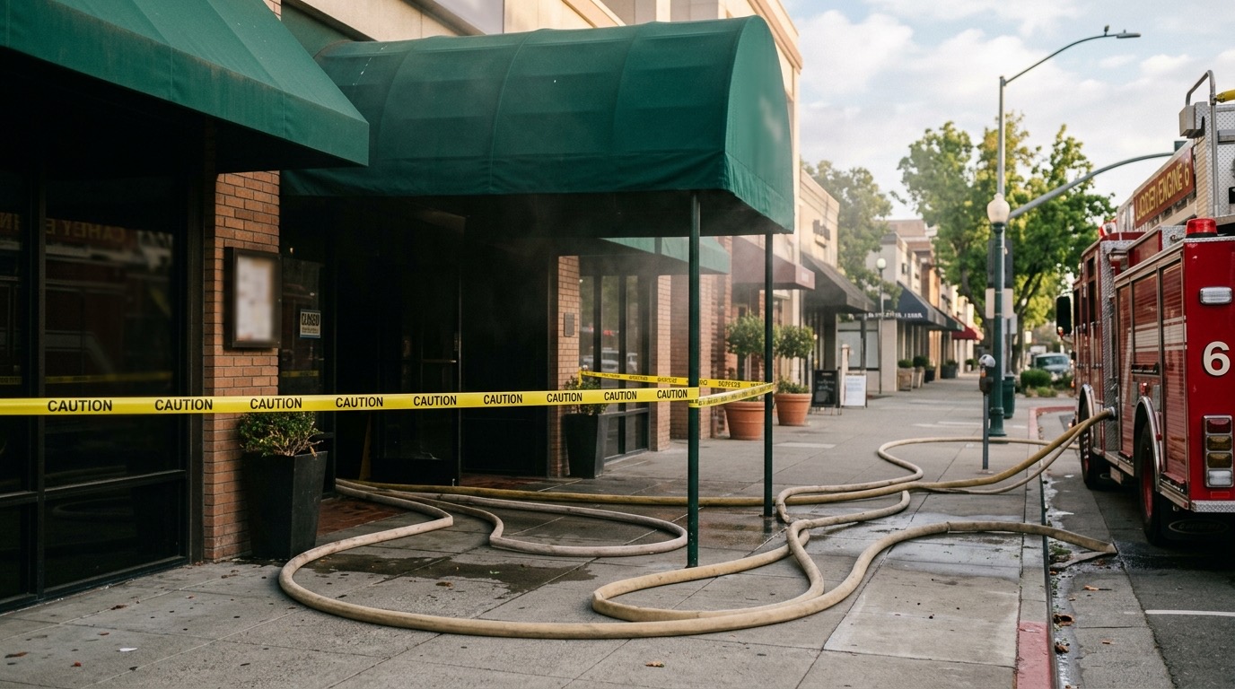 A downtown Walnut Creek restaurant storefront behind yellow caution tape, with fire hoses on the sidewalk after a roof fire