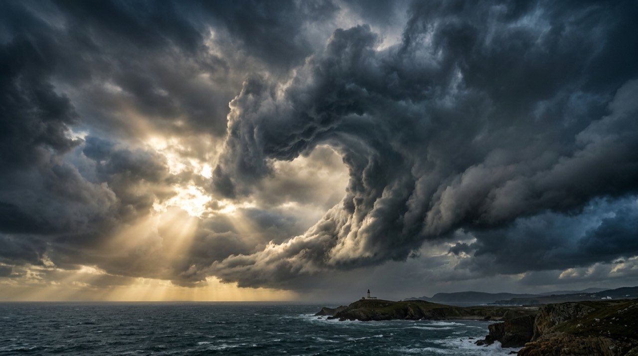 Storm clouds curling into the shape of a giant ocean wave, with sun rays breaking through over the Pacific