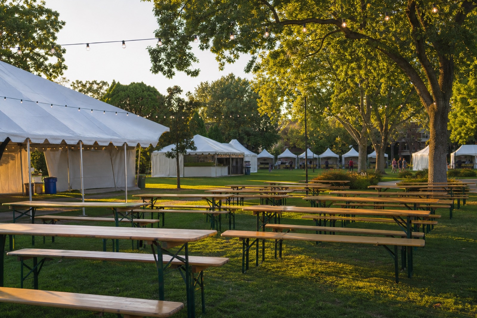 Oktoberfest festival tents and biergarten at Civic Park East in Walnut Creek under warm late-afternoon California light