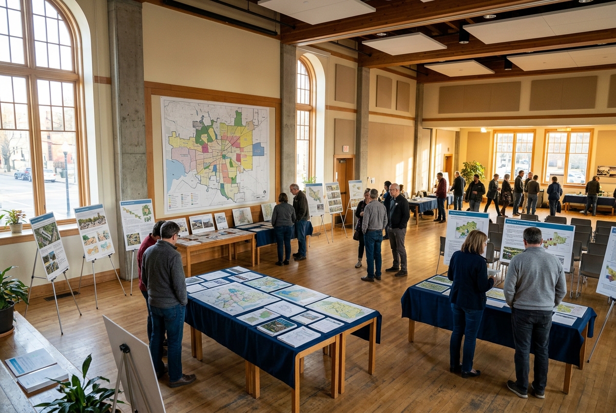 Community members browse maps at a city planning open house