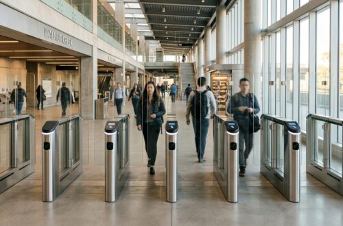 New BART fare gates at Walnut Creek Station with a train arriving on the platform