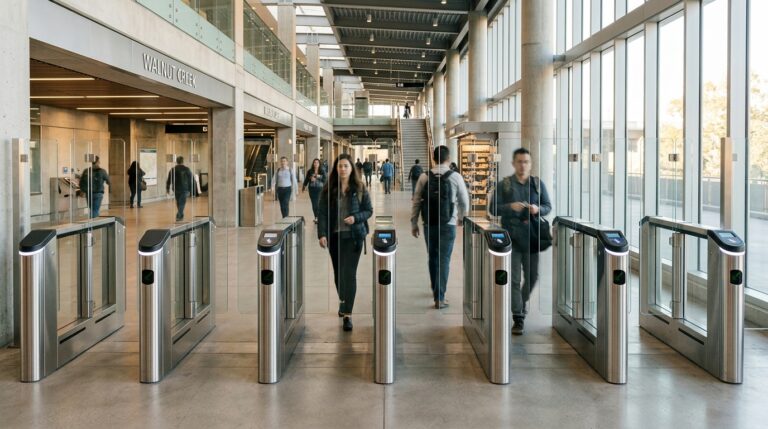 New BART fare gates at Walnut Creek Station with a train arriving on the platform