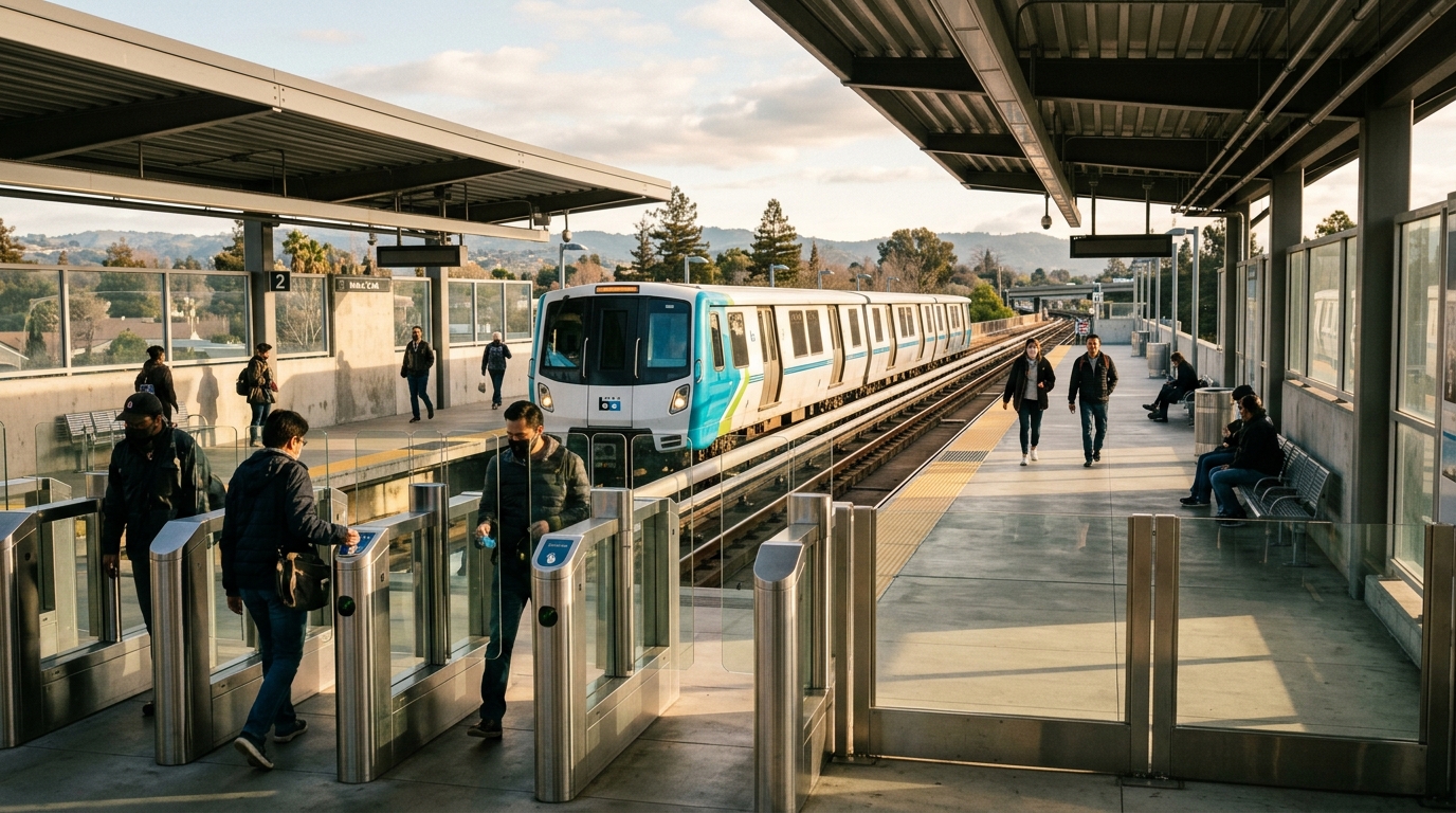 A BART train at a clean East Bay station platform with the new tall clear fare gates visible in the foreground