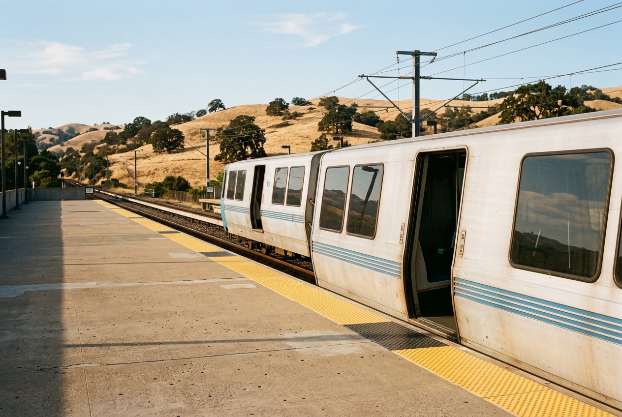 A BART train idling at the Walnut Creek station platform on a warm California afternoon
