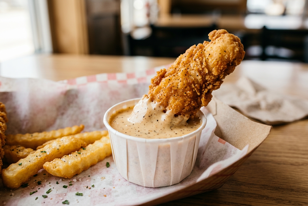 Golden chicken finger dipped into a cup of pale orange Cane's-style sauce with crinkle-cut fries nearby
