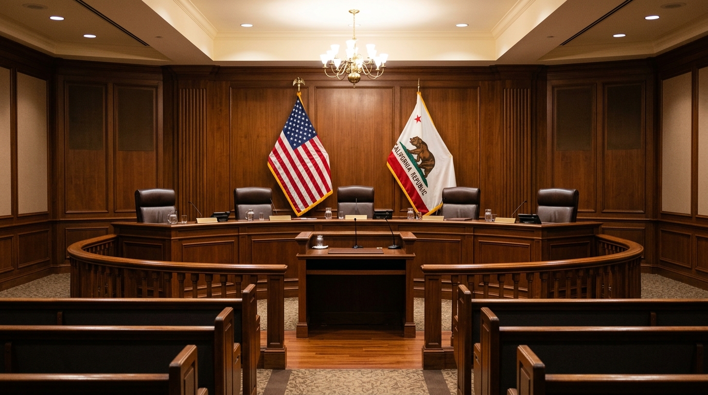 The empty dais inside the Walnut Creek City Council chambers, with five seats behind a wooden rail and American and California flags