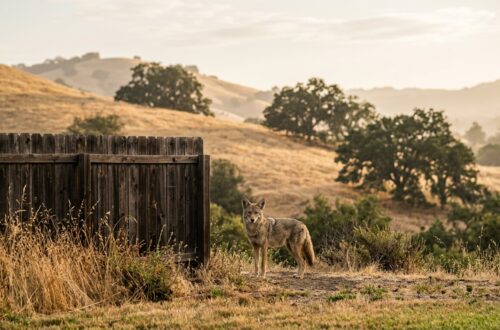 A coyote near a Walnut Creek backyard fence line at dawn