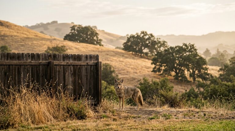 A coyote near a Walnut Creek backyard fence line at dawn