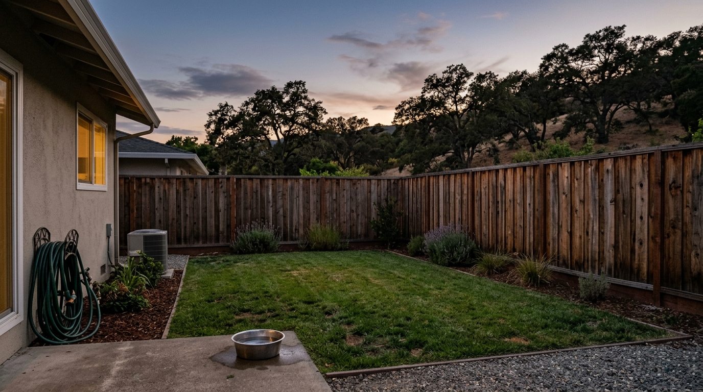 An empty fenced backyard at dusk in Walnut Creek