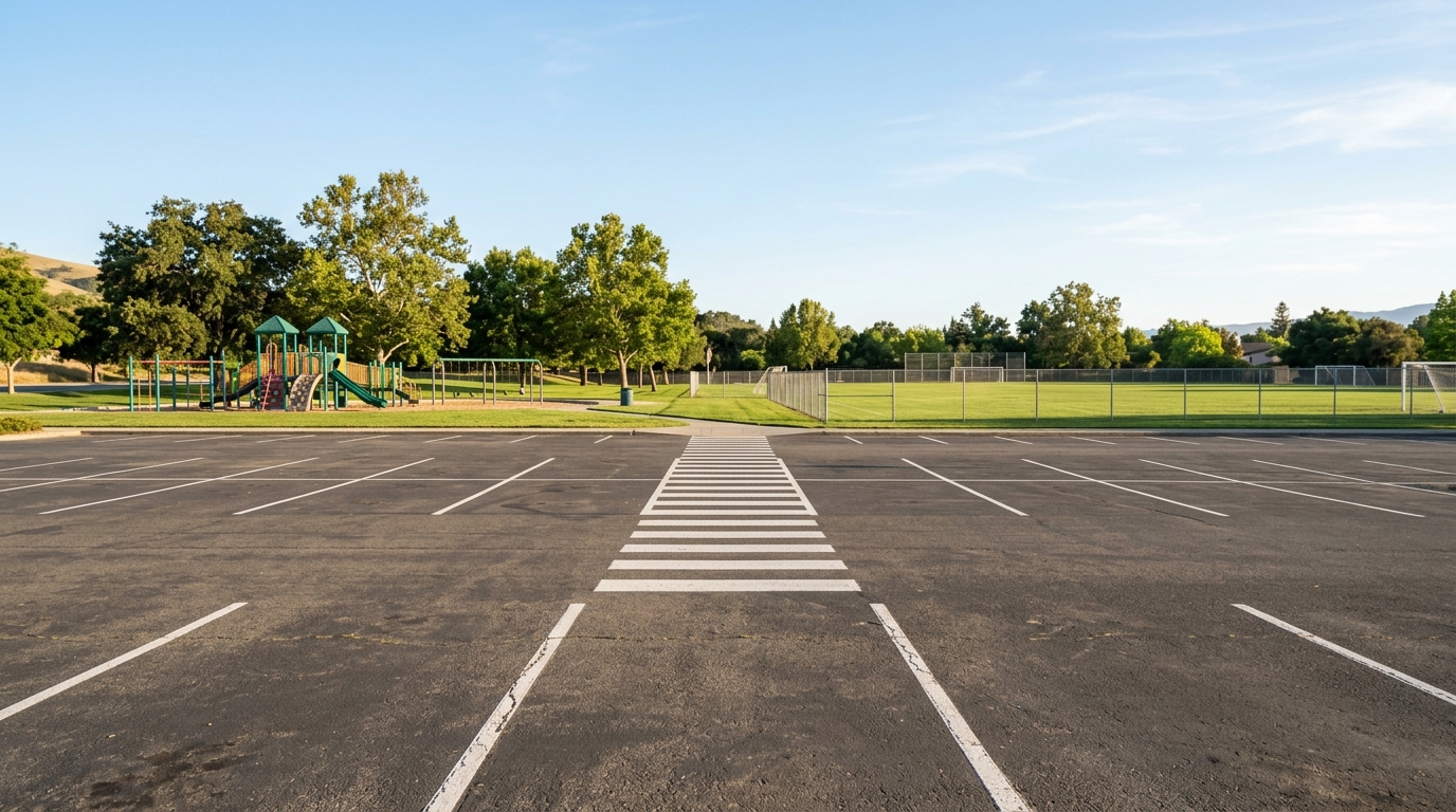An open parking lot at a suburban East Bay youth sports park on a sunny California afternoon, sports fields in the background