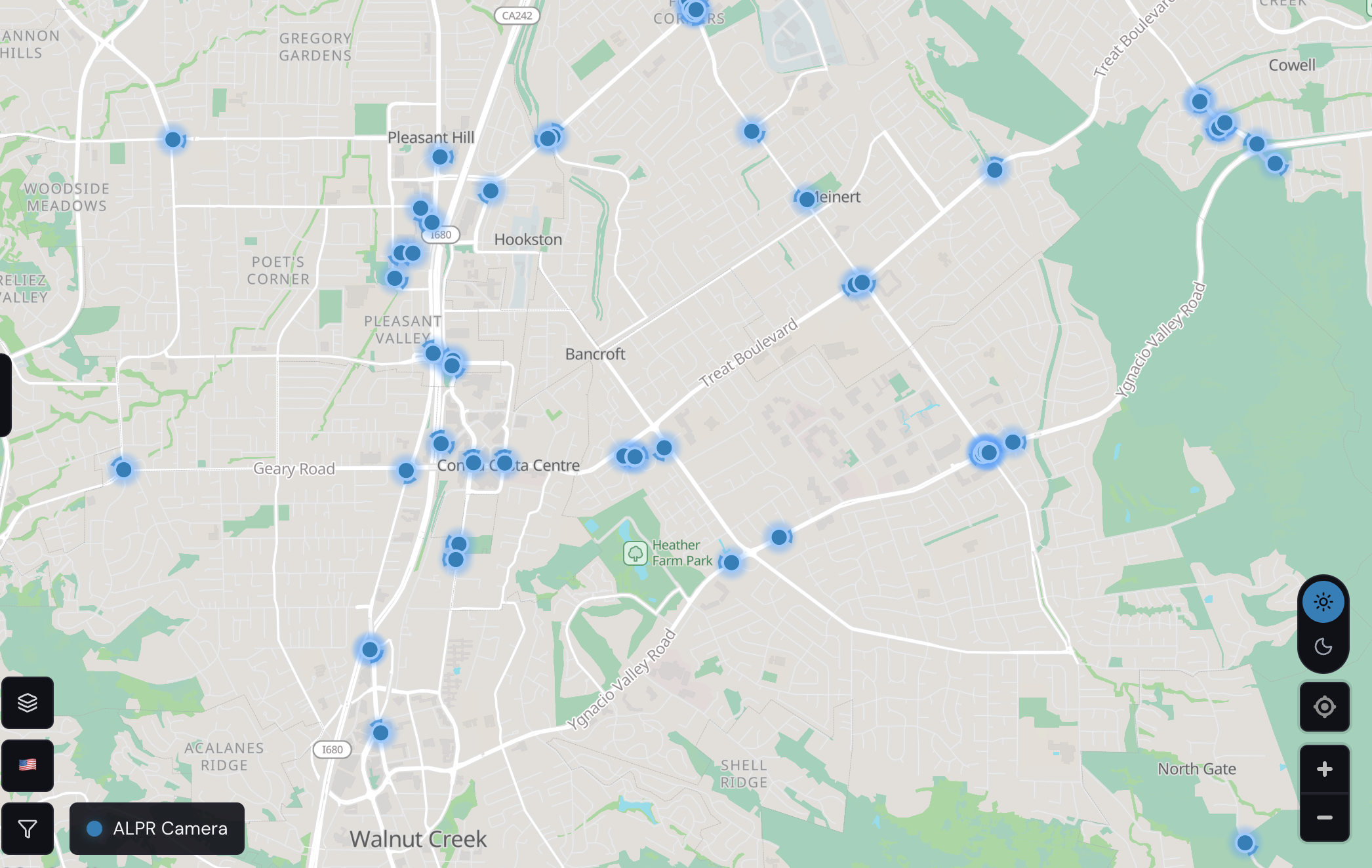 DeFlock interactive map showing ALPR camera locations around Walnut Creek and Pleasant Hill, with blue glowing circle markers along major road corridors