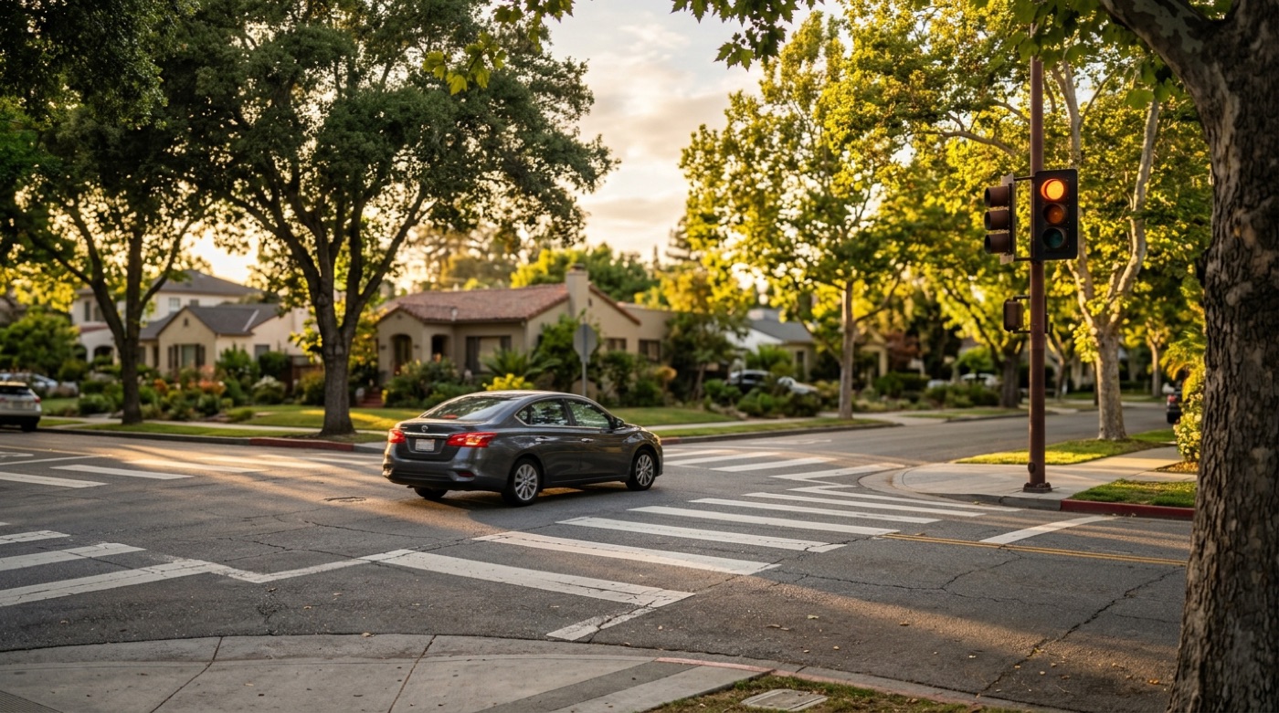 Tree-lined suburban intersection with a crosswalk and a car mid-turn, brake lights glowing in late afternoon light