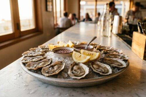 Platter of oysters on ice with lemon wedges and sauce at a restaurant bar