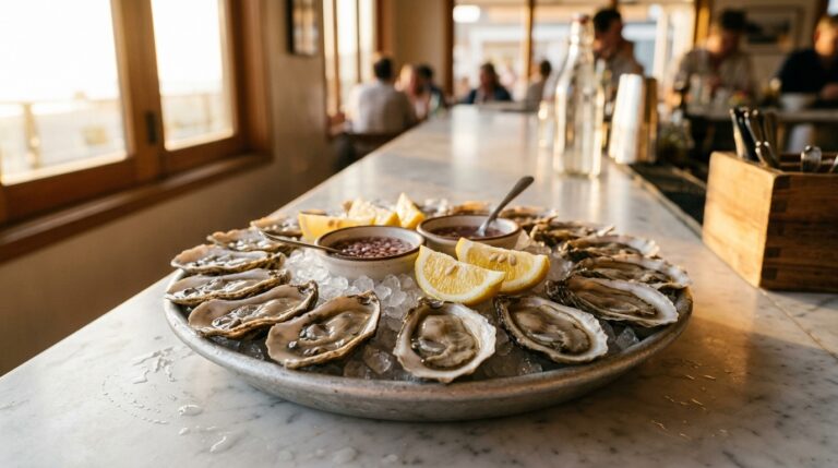 Platter of oysters on ice with lemon wedges and sauce at a restaurant bar