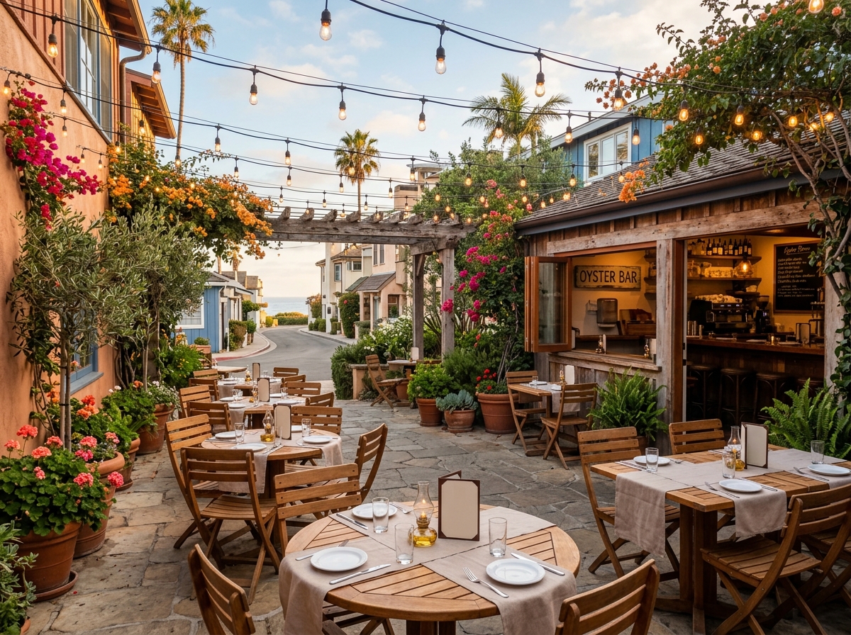 Empty coastal restaurant patio with wooden tables and string lights, warm afternoon light