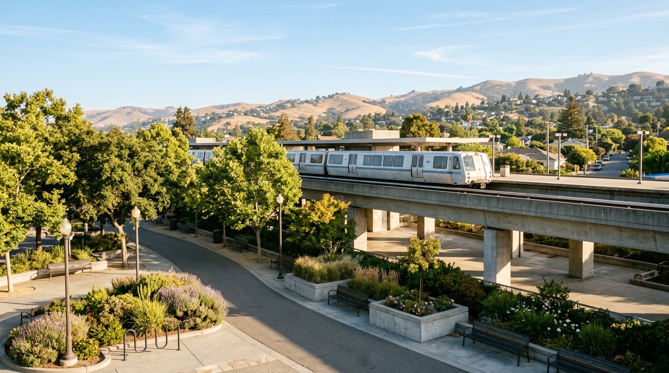 A walnut Creek BART station platform and plaza on a warm California afternoon, a modern train and tree-lined walkway in soft golden light