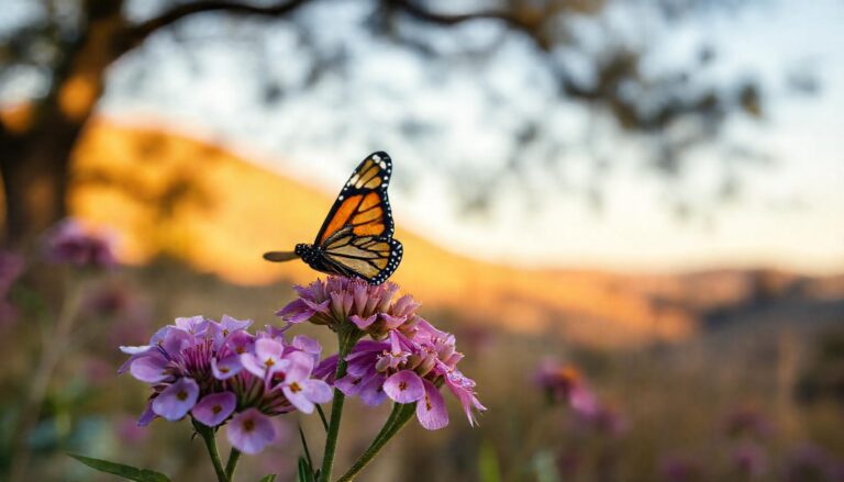 Western monarch butterfly in flight over Walnut Creek's East Bay hills