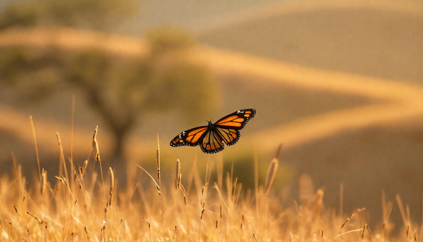 Monarch butterfly in flight over golden East Bay hills