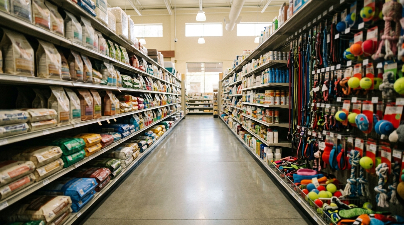 Interior aisle of a pet supply store in Walnut Creek