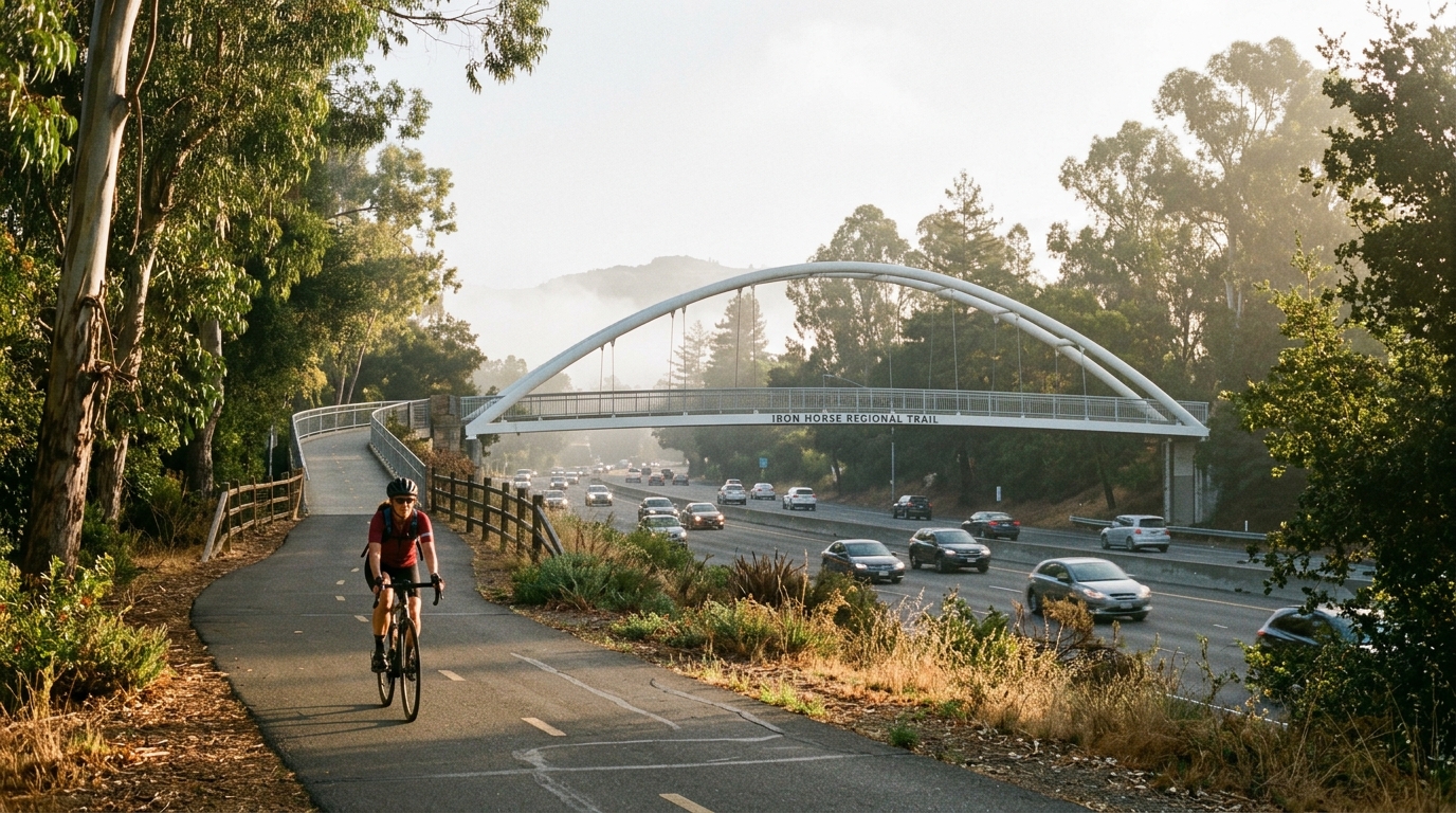 The white arched Schroder pedestrian bridge over Treat Boulevard on the Iron Horse Trail in Walnut Creek