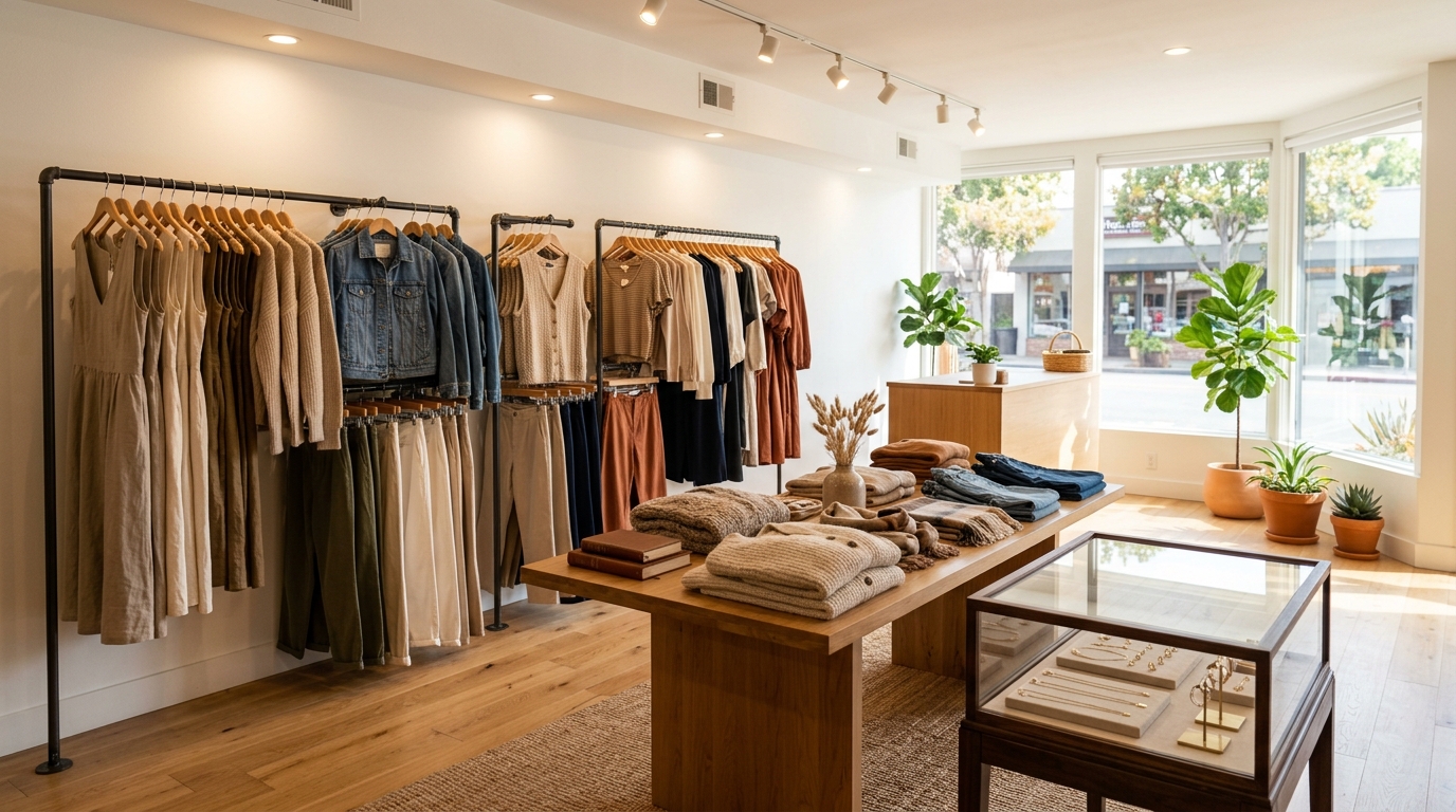Interior of a women's fashion boutique with racks of earth-tone clothing arranged as coordinated outfits