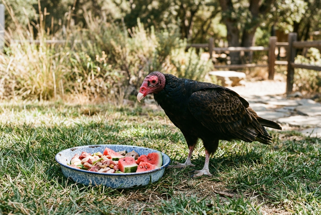 A turkey vulture with a bald red head feeding on watermelon and other food at his birthday celebration at Lindsay Wildlife Experience in Walnut Creek