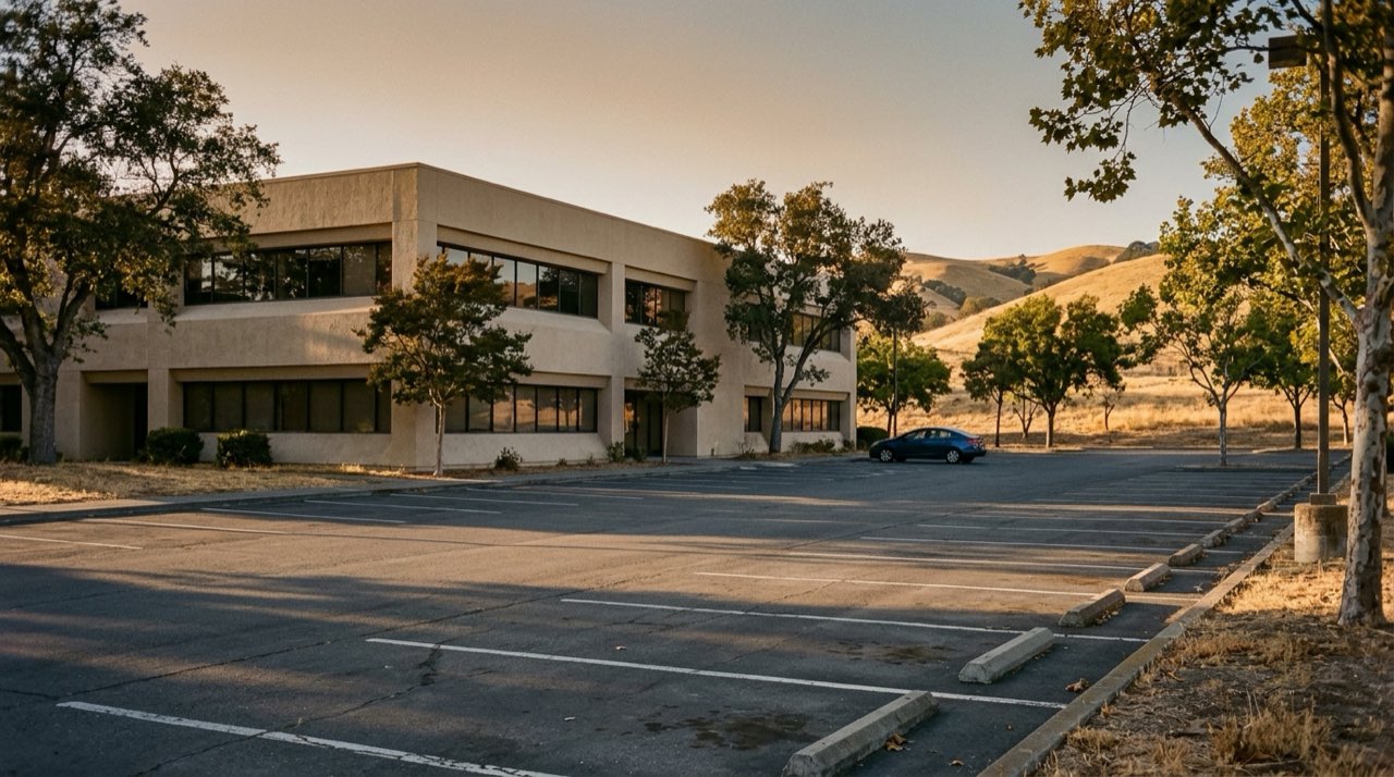 A low-rise office building and parking lot near the Walnut Creek BART station in late afternoon light