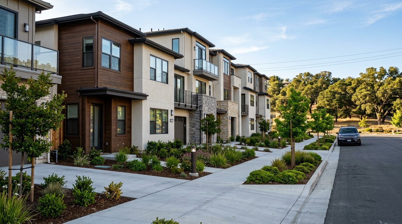 Newly built townhomes on a tree-lined street in Walnut Creek