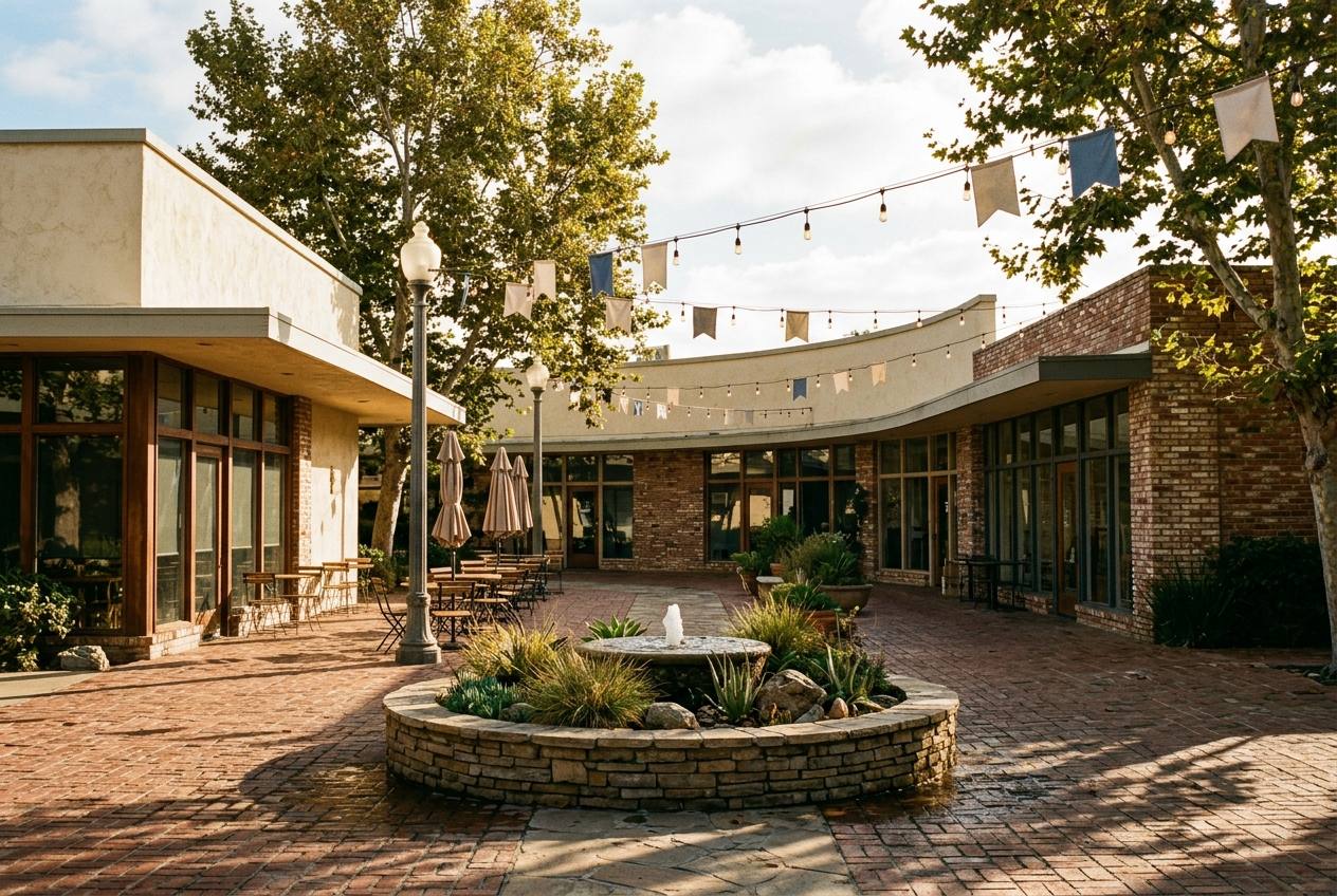 Sunlit courtyard and storefronts at an open-air shopping plaza in Walnut Creek