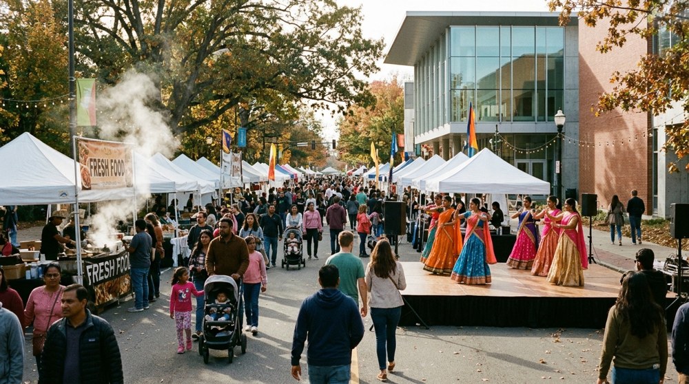 Families and food tents at a free Diwali street fair beside the Lesher Center for the Arts in Walnut Creek