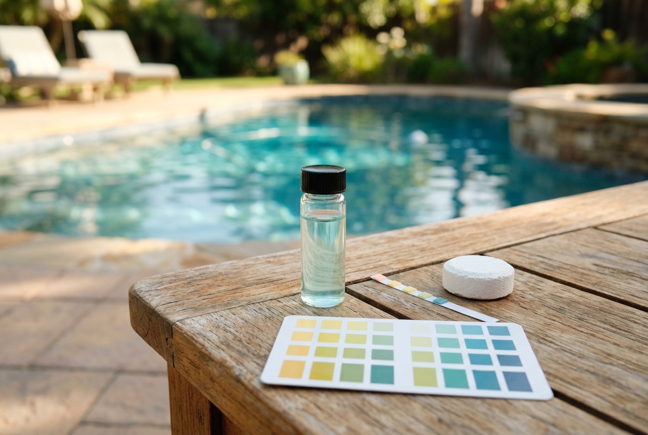 A pool water testing kit and chlorine tablet on a sunlit patio table beside a backyard swimming pool