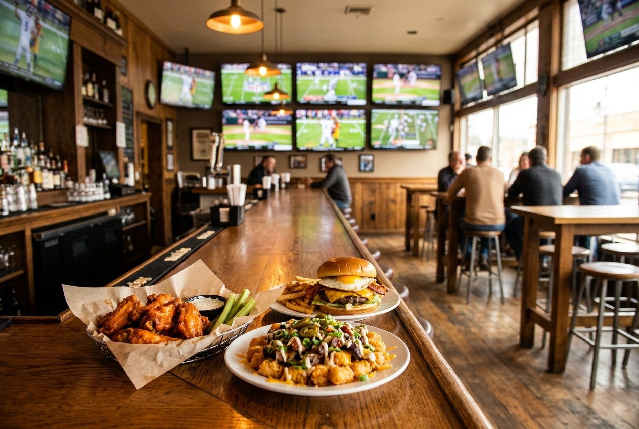Interior of a downtown Walnut Creek sports bar with a wall of televisions, wings, nachos and a burger on the bar