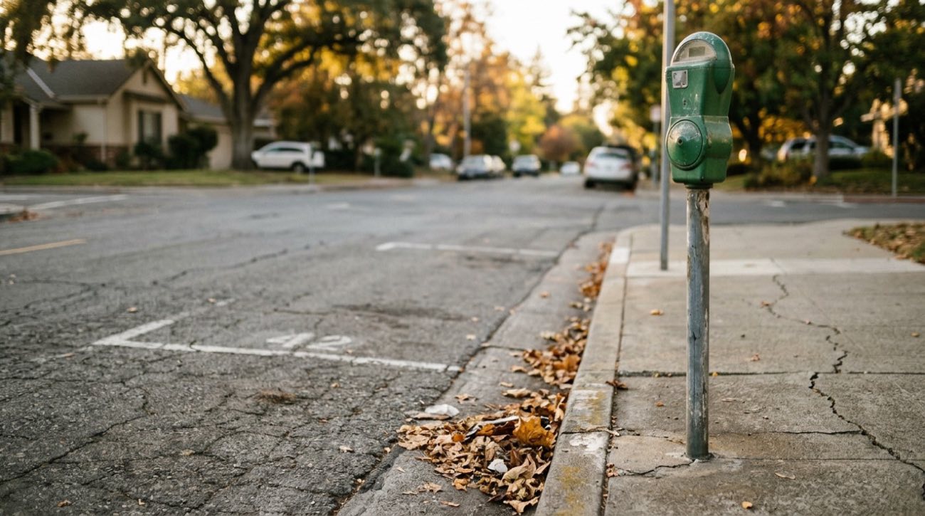 A green parking meter on a Walnut Creek curb, with dry leaves in the gutter