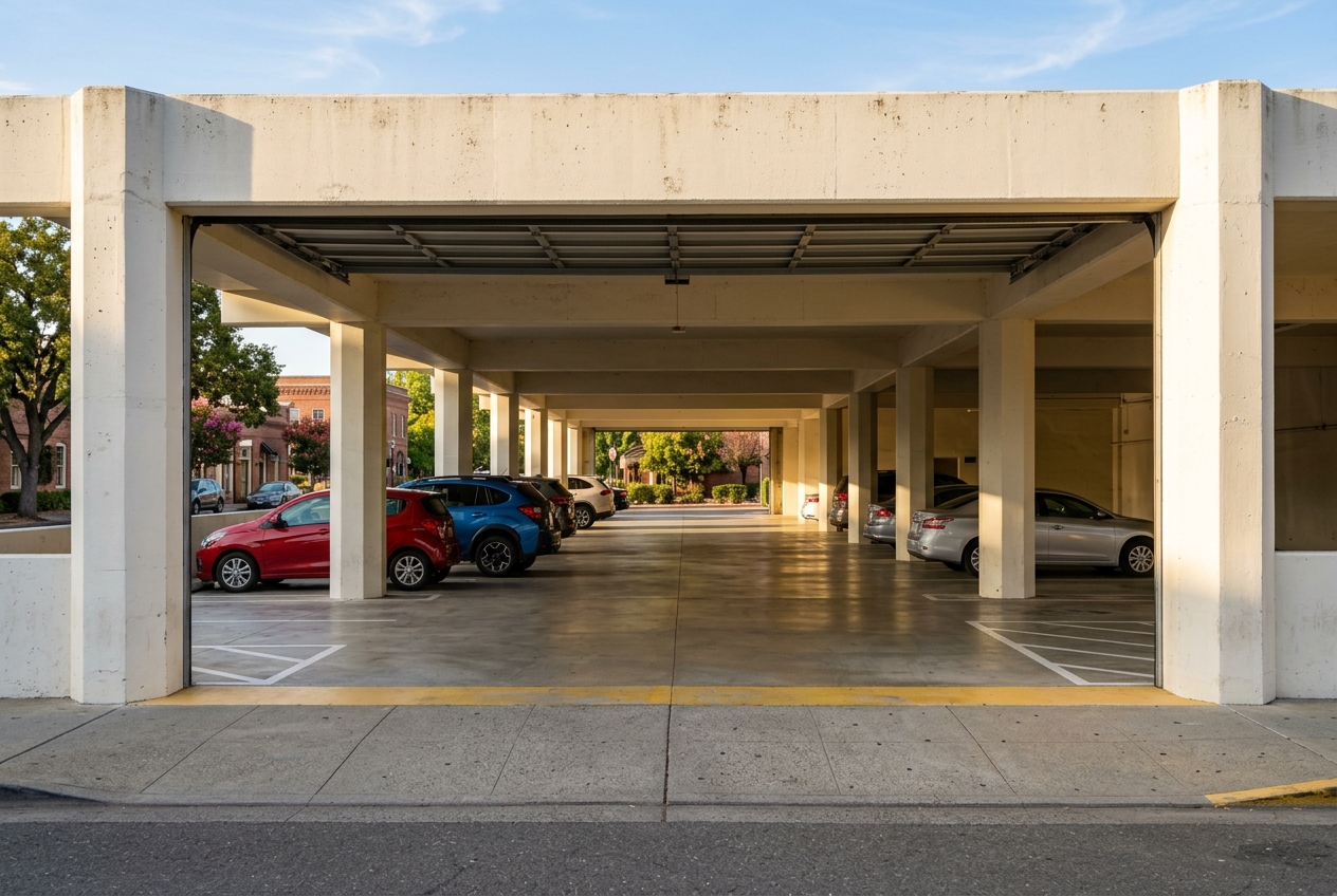 Ground level of a public parking garage in downtown Walnut Creek with parked cars and painted stalls