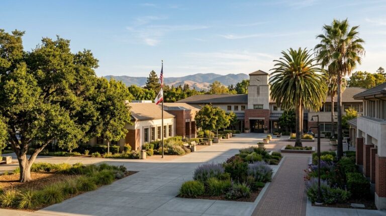 A civic campus with a clock tower, palm trees, and U.S. and California flags under a blue sky.