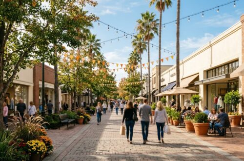 Shoppers walk past palm trees and storefronts at Broadway Plaza in Walnut Creek