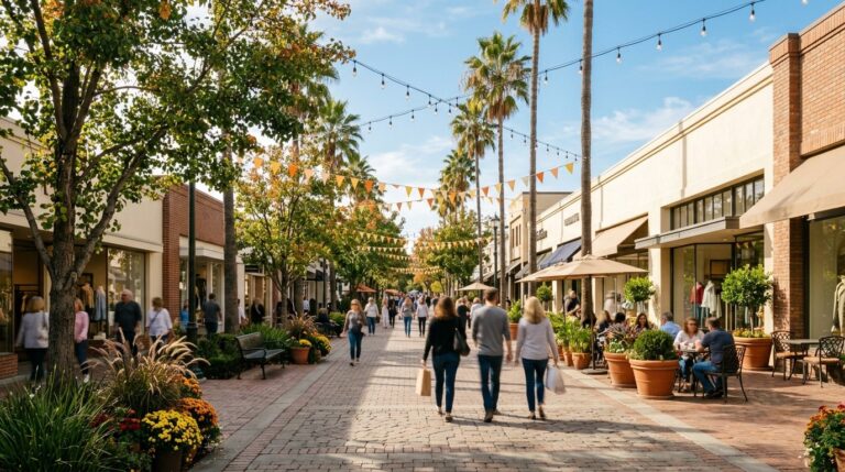 Shoppers walk past palm trees and storefronts at Broadway Plaza in Walnut Creek