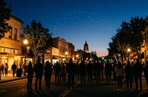Crowds watching a drone light show at dusk above downtown Walnut Creek