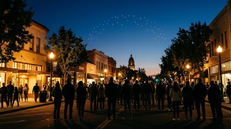 Crowds watching a drone light show at dusk above downtown Walnut Creek