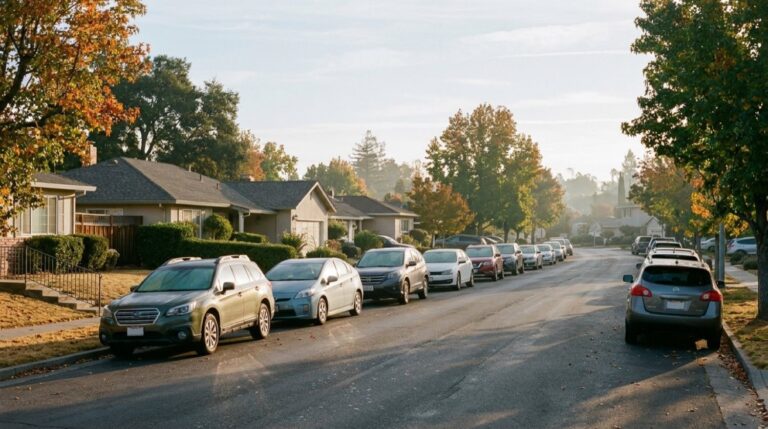 A quiet suburban Walnut Creek street with parked cars and single-story houses under warm fall light