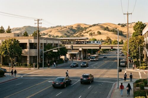 Office buildings and a surface parking lot near the Walnut Creek BART station on North California Boulevard in late afternoon light