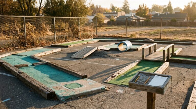 A worn putting hole with a hand-built wooden obstacle at Putter's Mini Golf in Walnut Creek