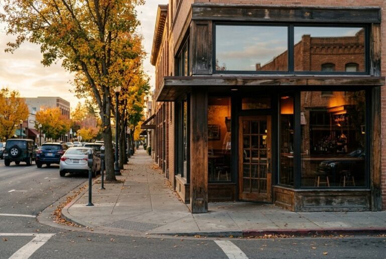 Brick corner building with a dark wooden storefront at dusk in downtown Walnut Creek